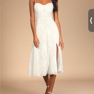 Loveliest Looks White Floral Jacquard Tie-Strap Midi Dress